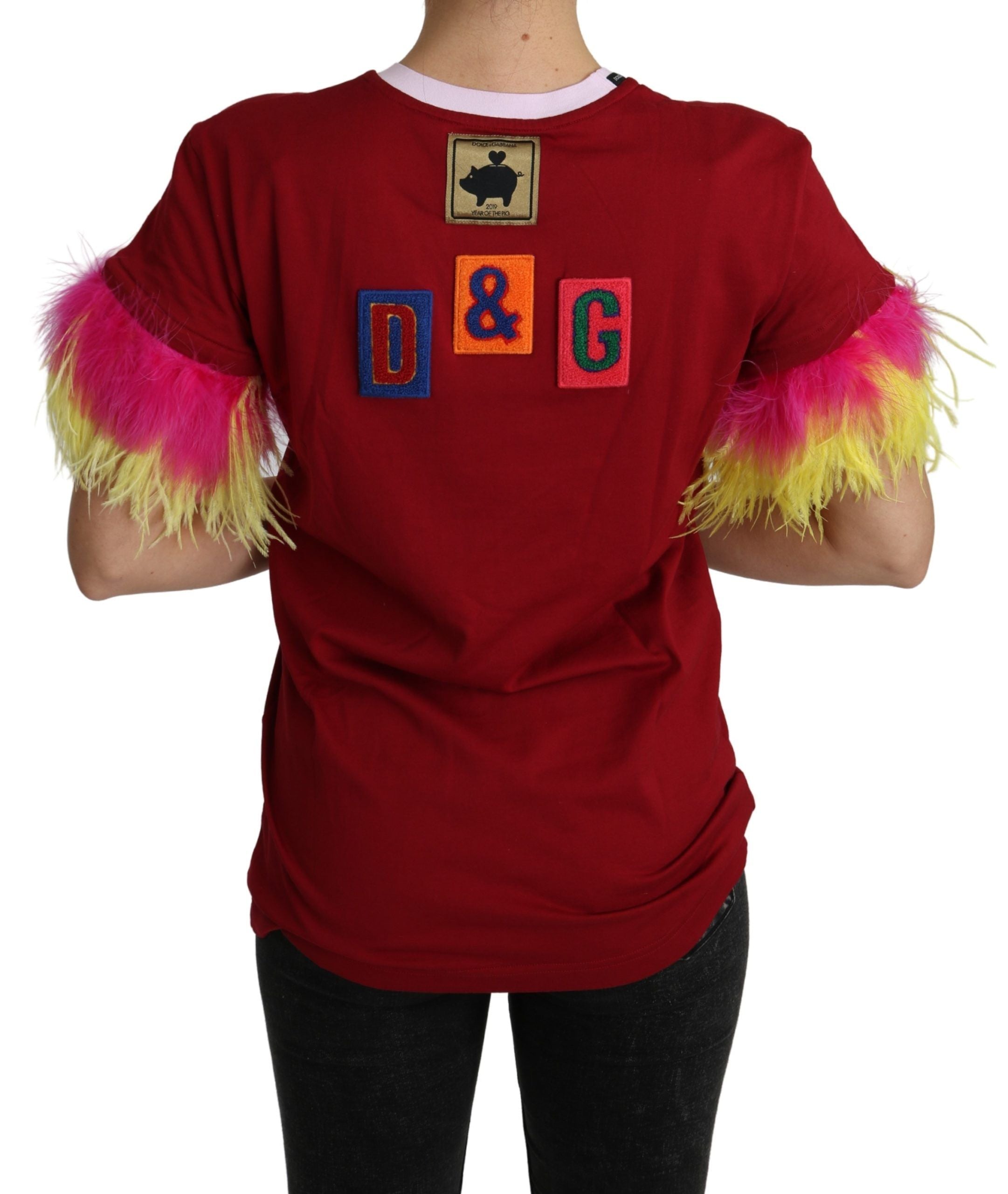 T-shirt Top Dolce & Gabbana Stampa Maiale Rosso Maniche in Piuma