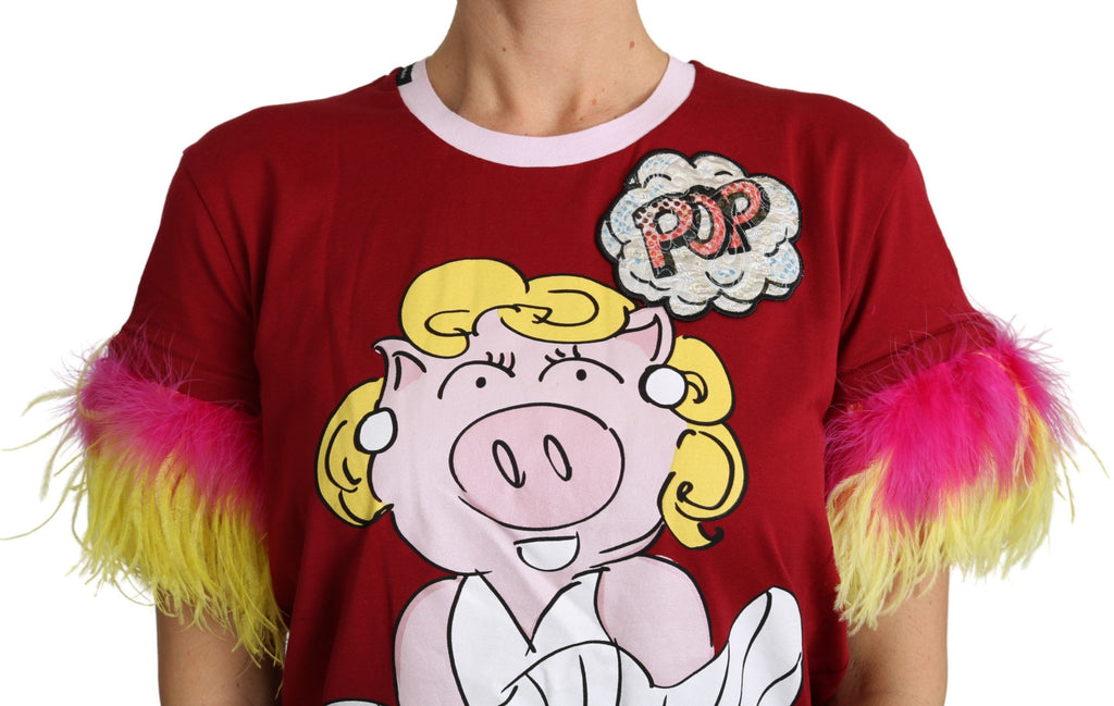 T-shirt Top Dolce & Gabbana Stampa Maiale Rosso Maniche in Piuma