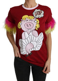 T-shirt Top Dolce & Gabbana Stampa Maiale Rosso Maniche in Piuma