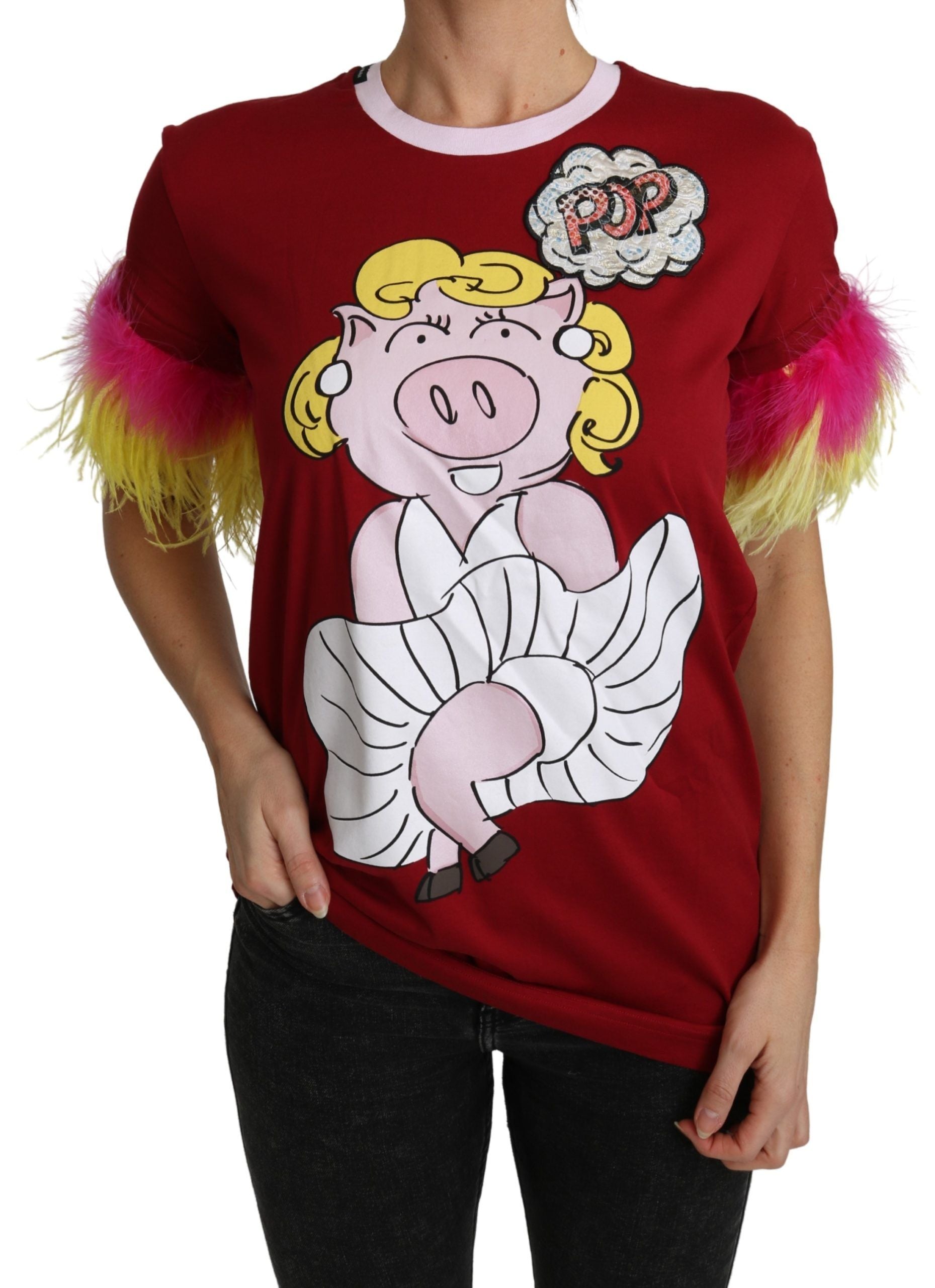 T-shirt Top Dolce & Gabbana Stampa Maiale Rosso Maniche in Piuma