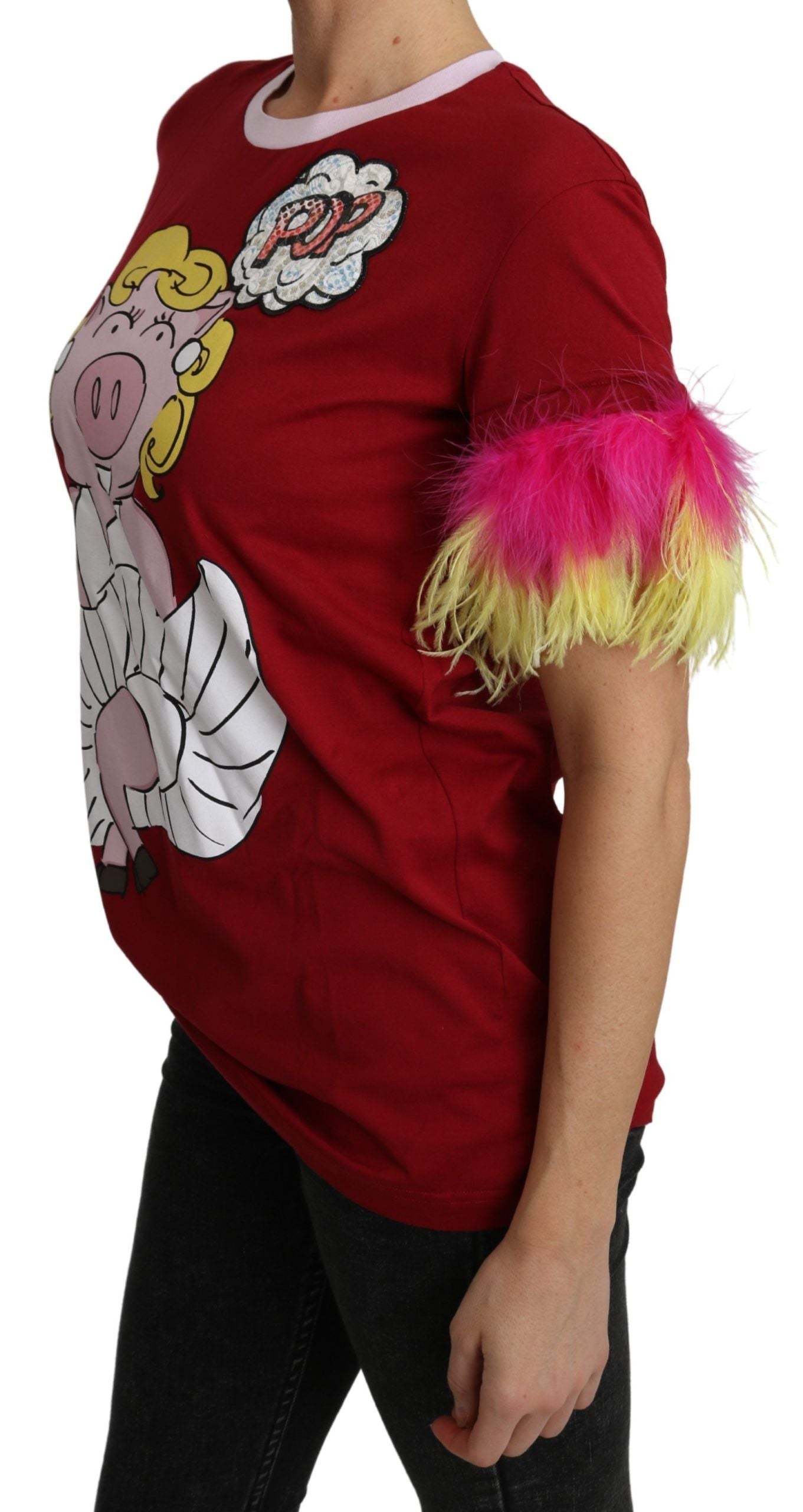 T-shirt Top Dolce & Gabbana Stampa Maiale Rosso Maniche in Piuma