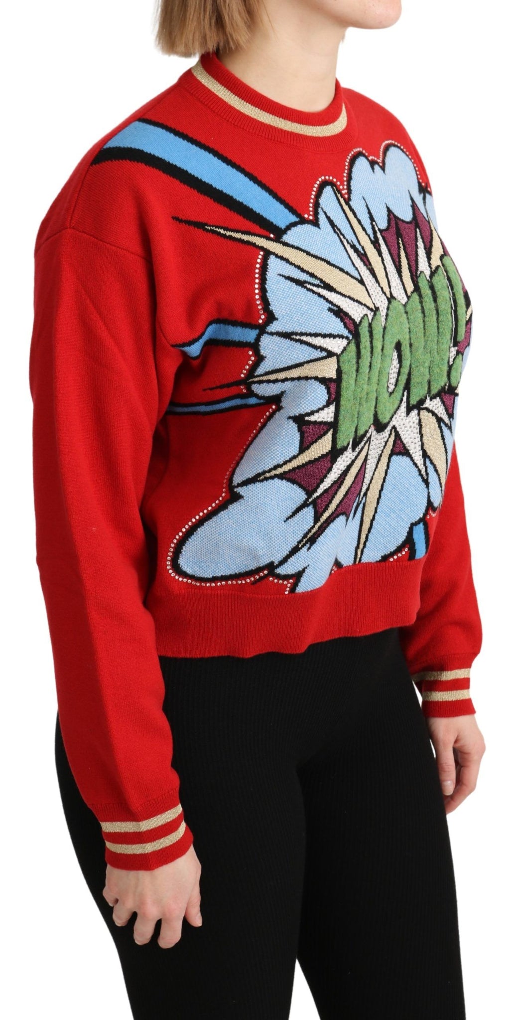 Dolce & Gabbana Maglione Top in Cashmere Rosso con Lavorazione a Maglia e Stampa Fumetto