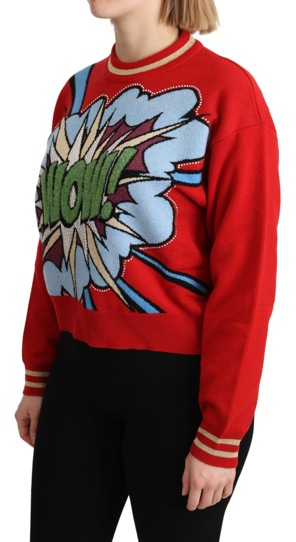 Dolce & Gabbana Maglione Top in Cashmere Rosso con Lavorazione a Maglia e Stampa Fumetto