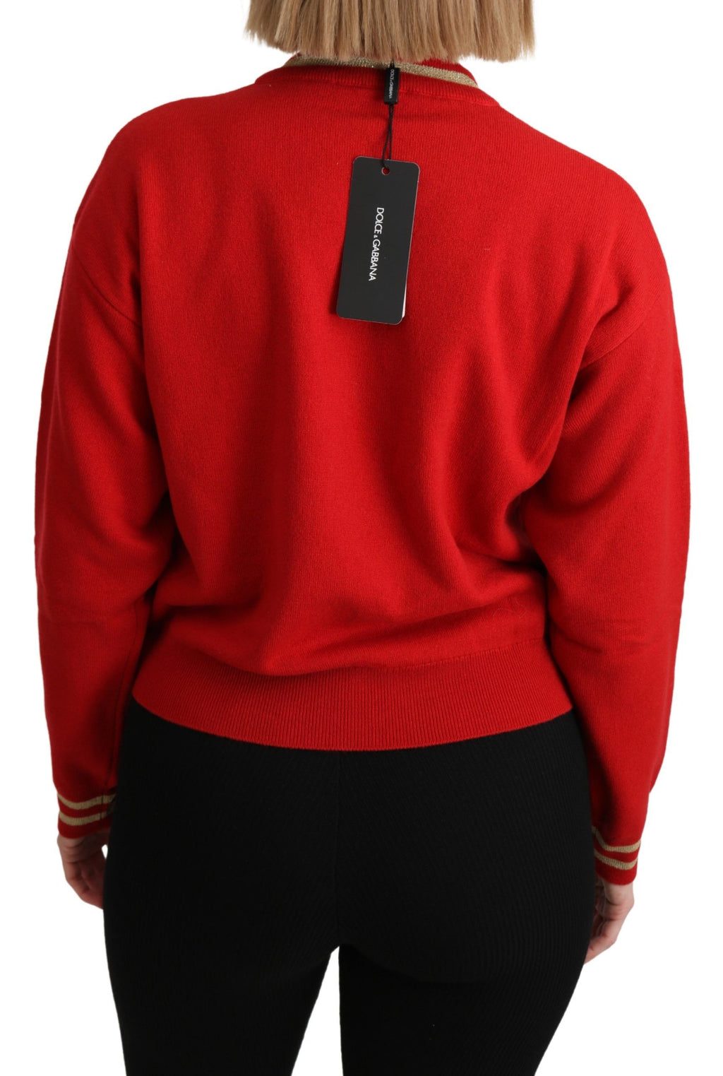 Dolce & Gabbana Maglione Top in Cashmere Rosso con Lavorazione a Maglia e Stampa Fumetto