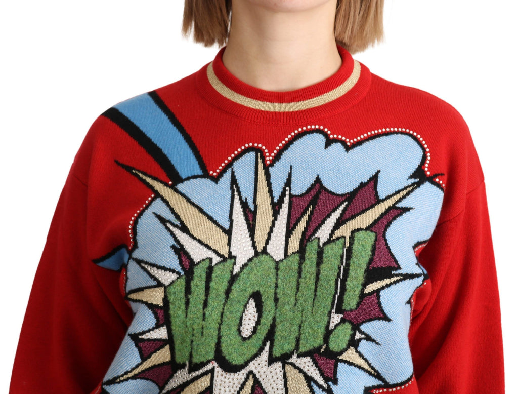 Dolce & Gabbana Maglione Top in Cashmere Rosso con Lavorazione a Maglia e Stampa Fumetto