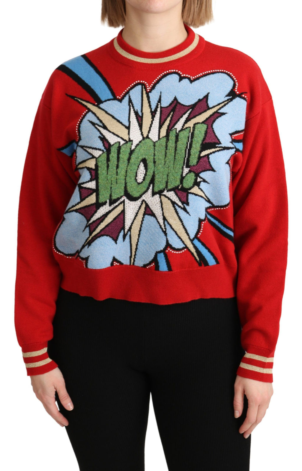 Dolce & Gabbana Maglione Top in Cashmere Rosso con Lavorazione a Maglia e Stampa Fumetto