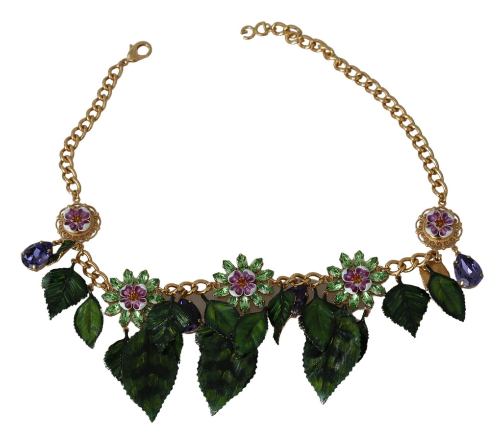 Dolce & Gabbana Collana con Pendente a Fiore in Cristallo, Ottone Dorato e Foglie Verdi