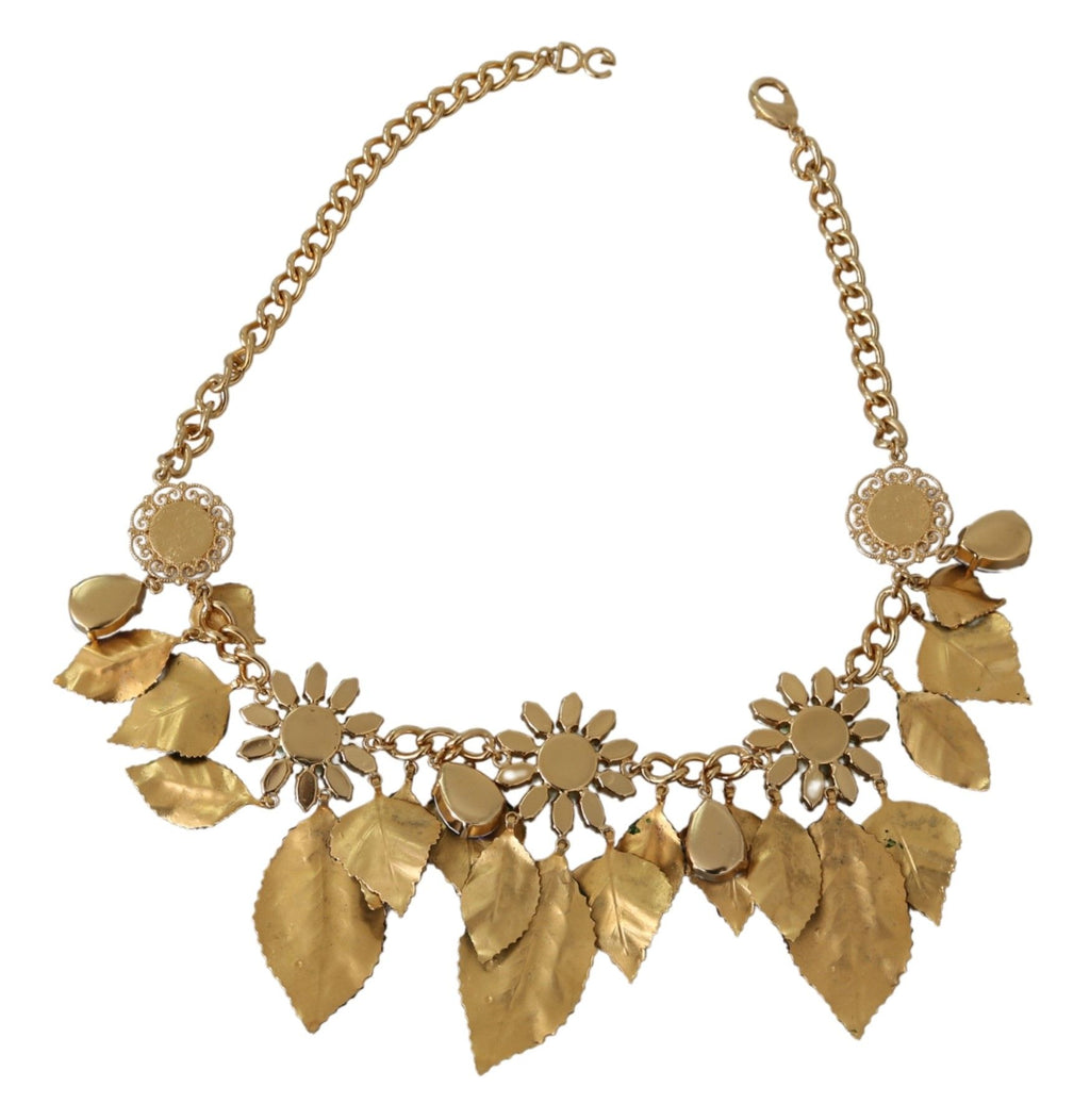 Dolce & Gabbana Collana con Pendente a Fiore in Cristallo, Ottone Dorato e Foglie Verdi