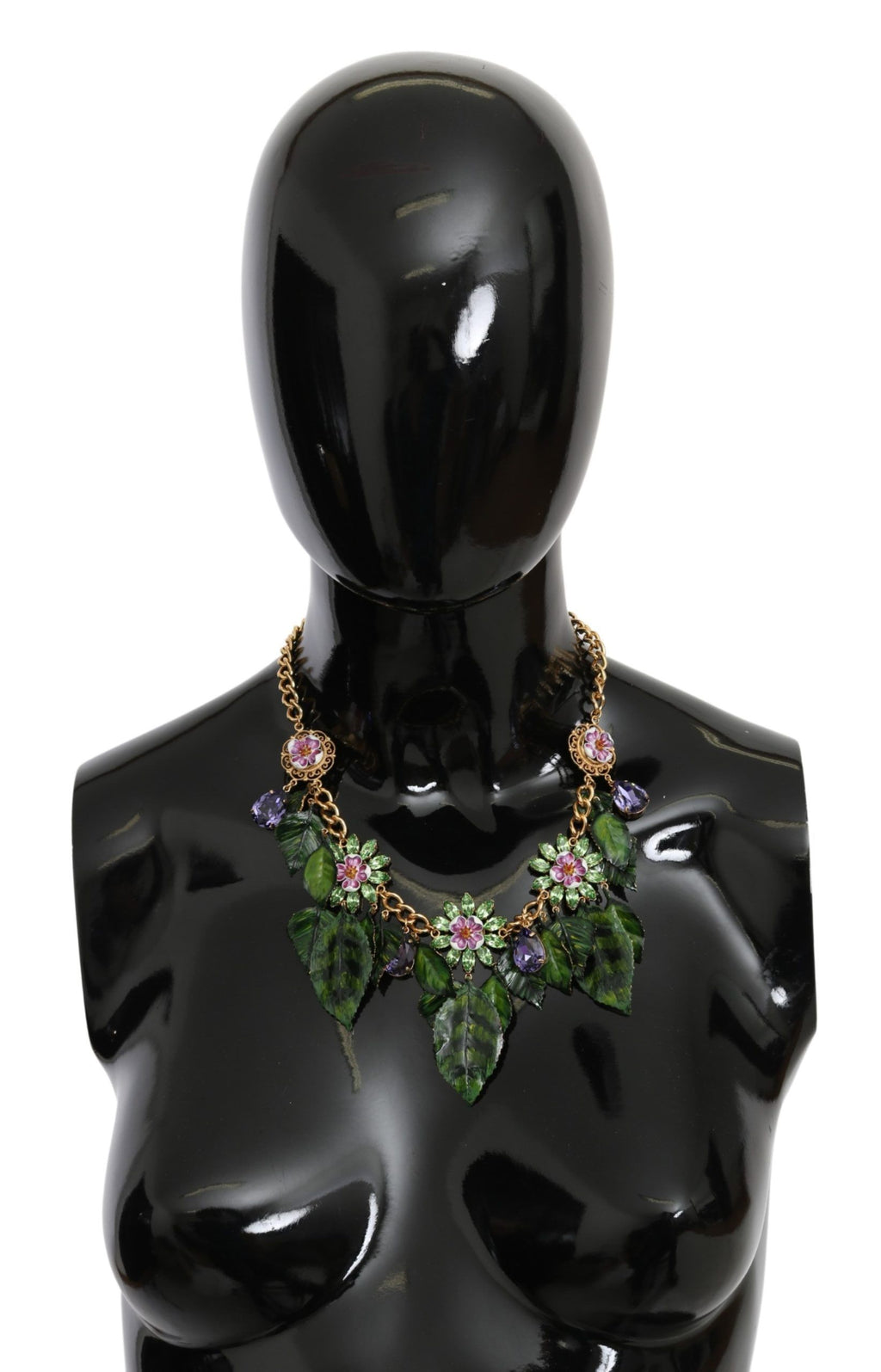 Dolce & Gabbana Collana con Pendente a Fiore in Cristallo, Ottone Dorato e Foglie Verdi