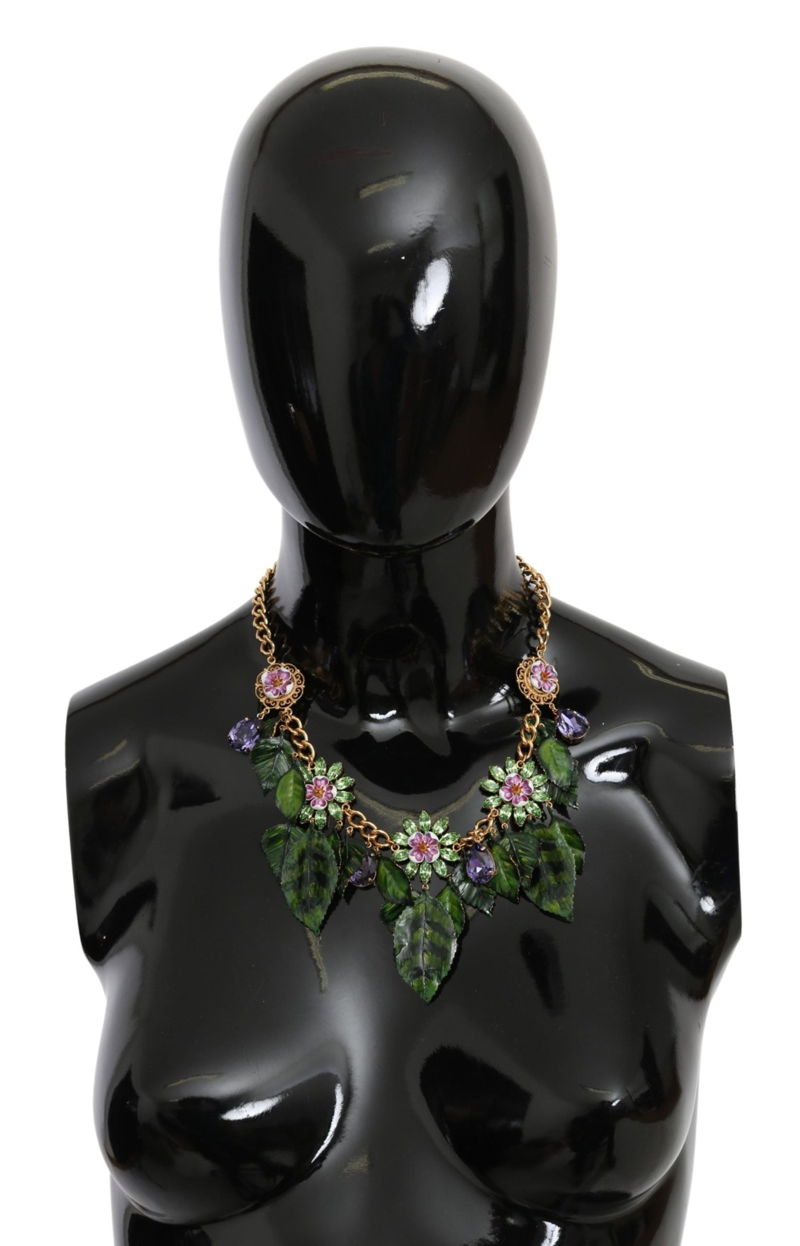Dolce & Gabbana Collana con Pendente a Fiore in Cristallo, Ottone Dorato e Foglie Verdi