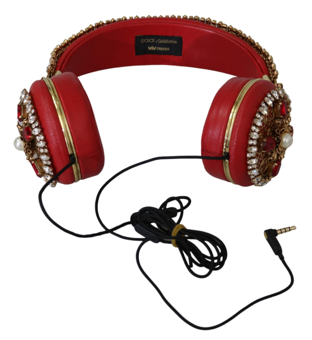 Cuffie con auricolare in pelle con cristalli e fiori rossi Dolce & Gabbana FRENDS