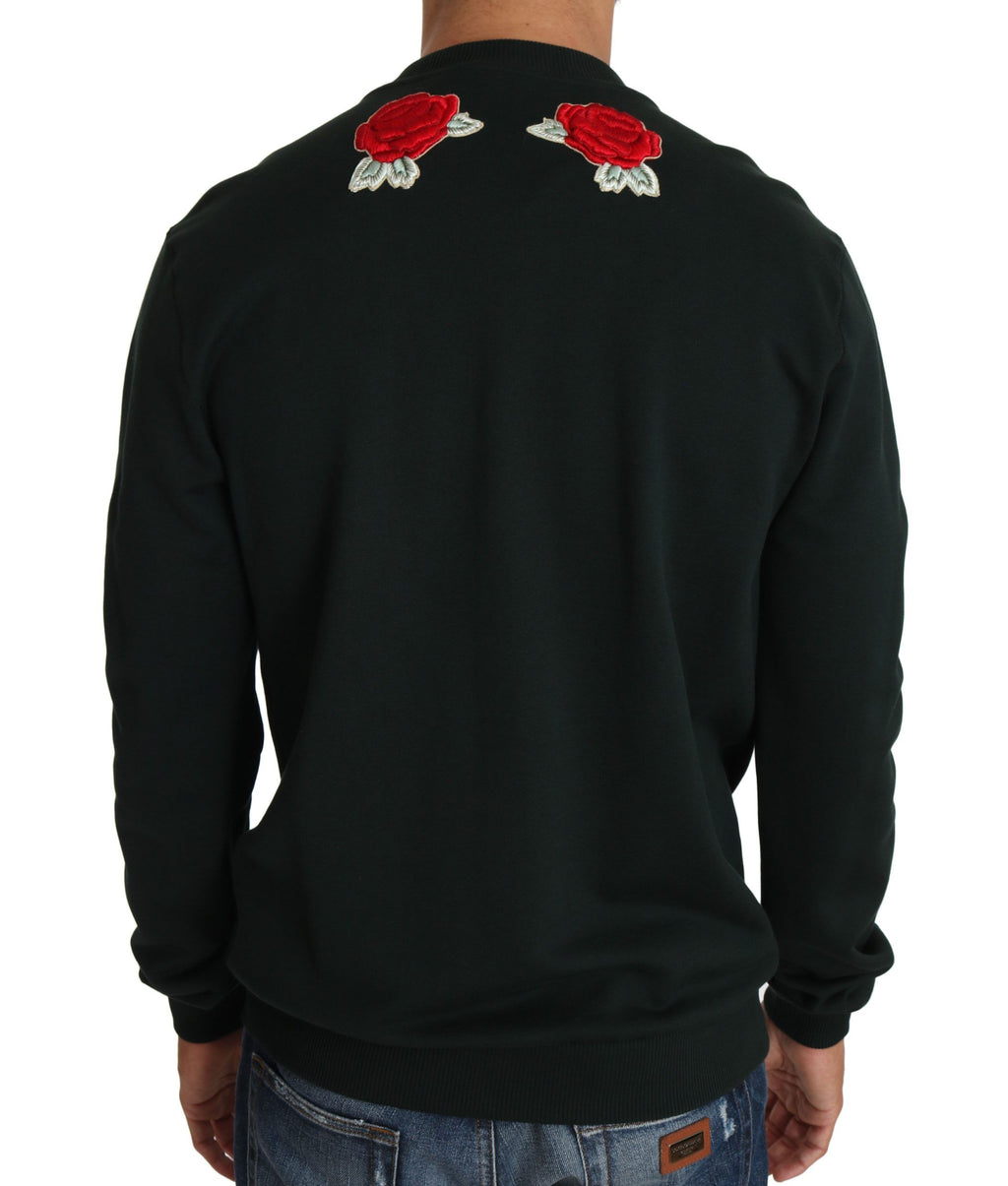 Dolce & Gabbana Maglione Verde con Cuore di Cristallo, Rose e Pistola
