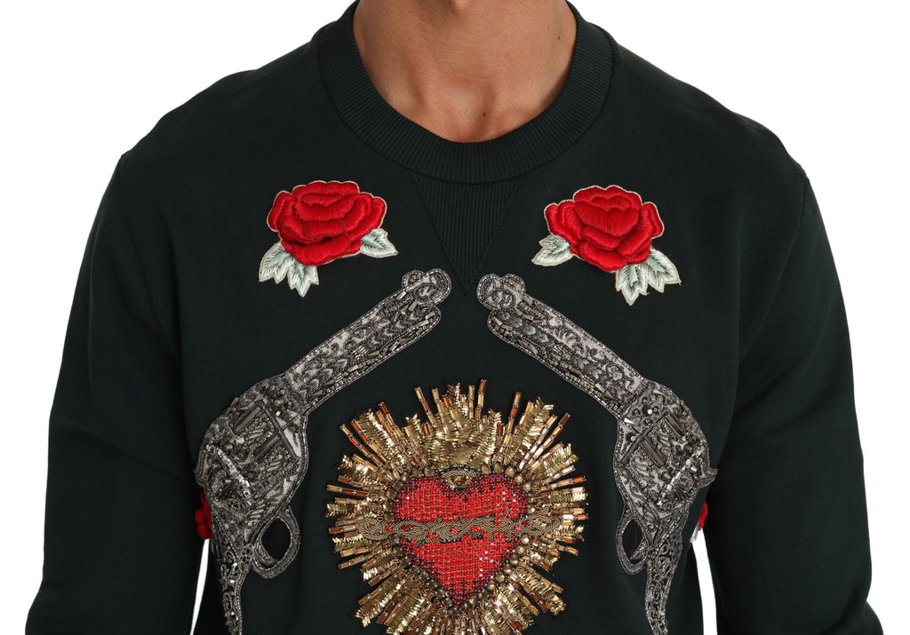 Dolce & Gabbana Maglione Verde con Cuore di Cristallo, Rose e Pistola