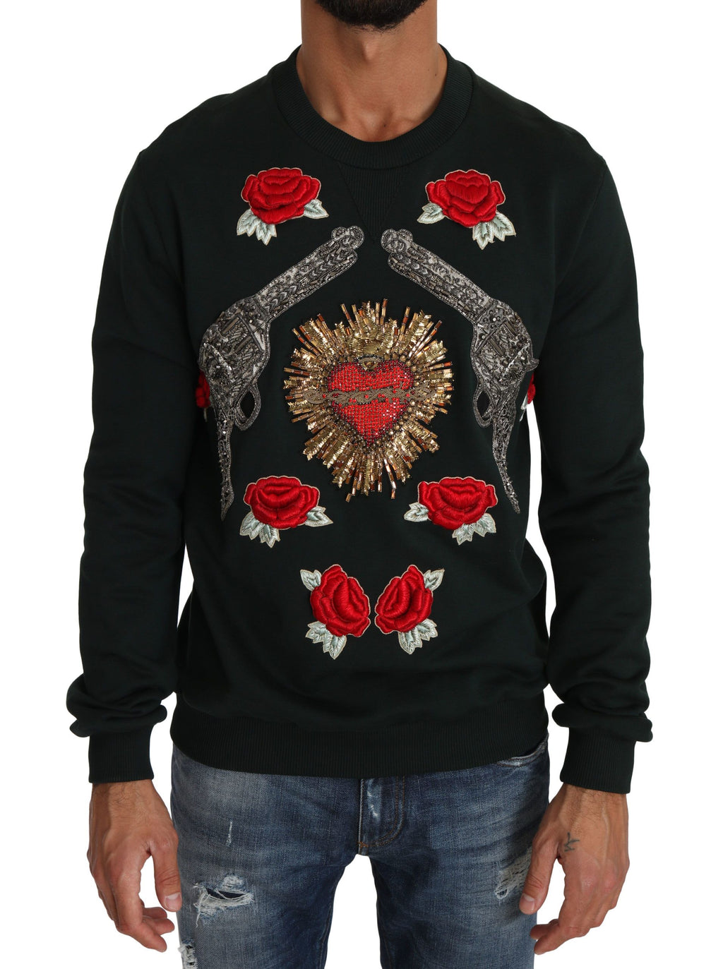 Dolce & Gabbana Maglione Verde con Cuore di Cristallo, Rose e Pistola