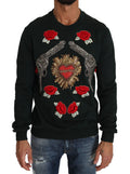 Dolce & Gabbana Maglione Verde con Cuore di Cristallo, Rose e Pistola
