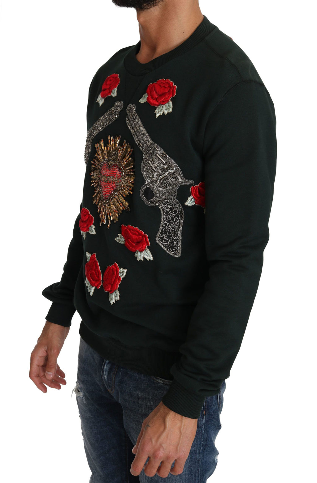 Dolce & Gabbana Maglione Verde con Cuore di Cristallo, Rose e Pistola