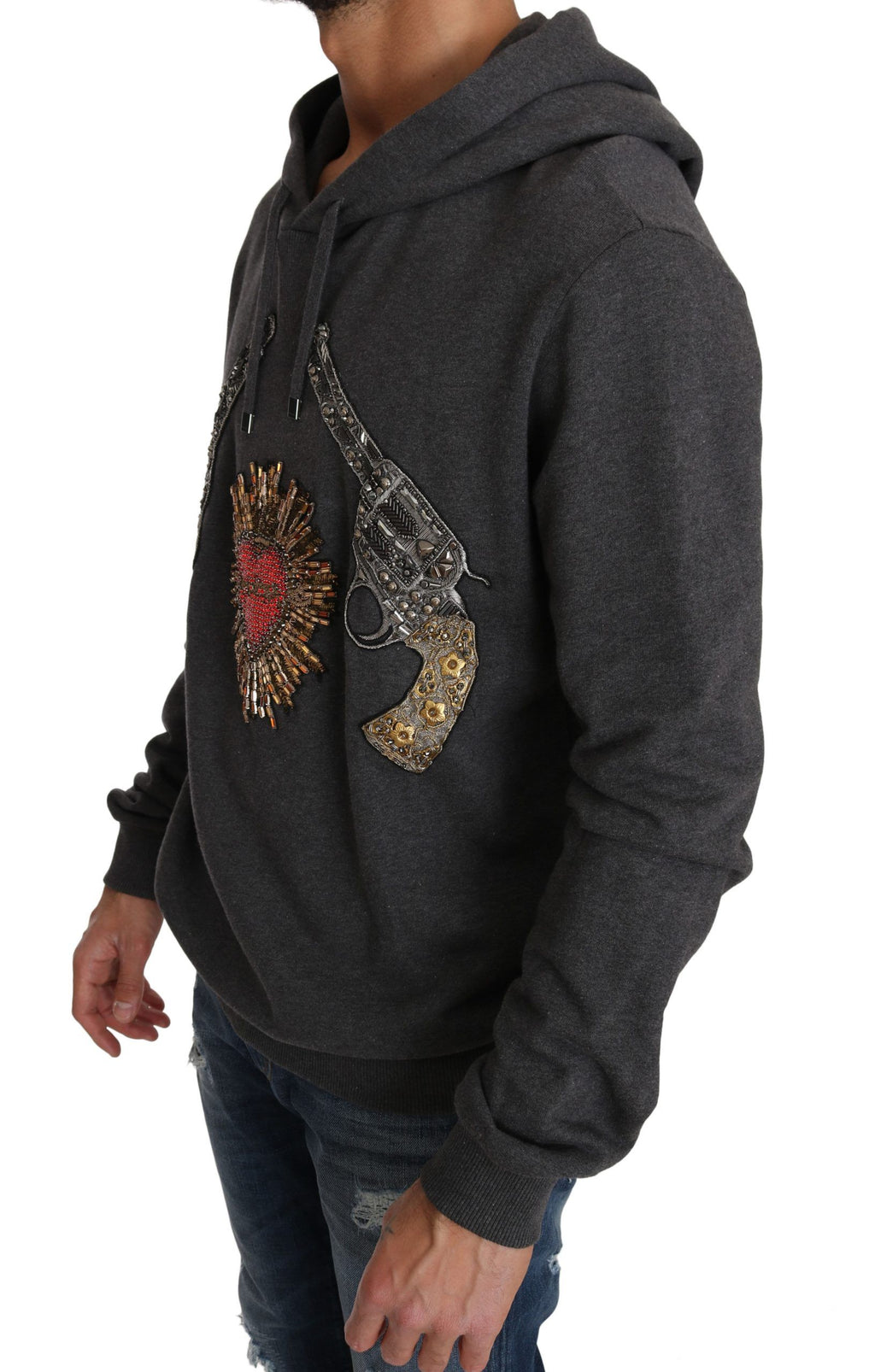 Dolce & Gabbana Maglione Grigio con Cappuccio, Cuore di Cristallo Rosso e Pistola