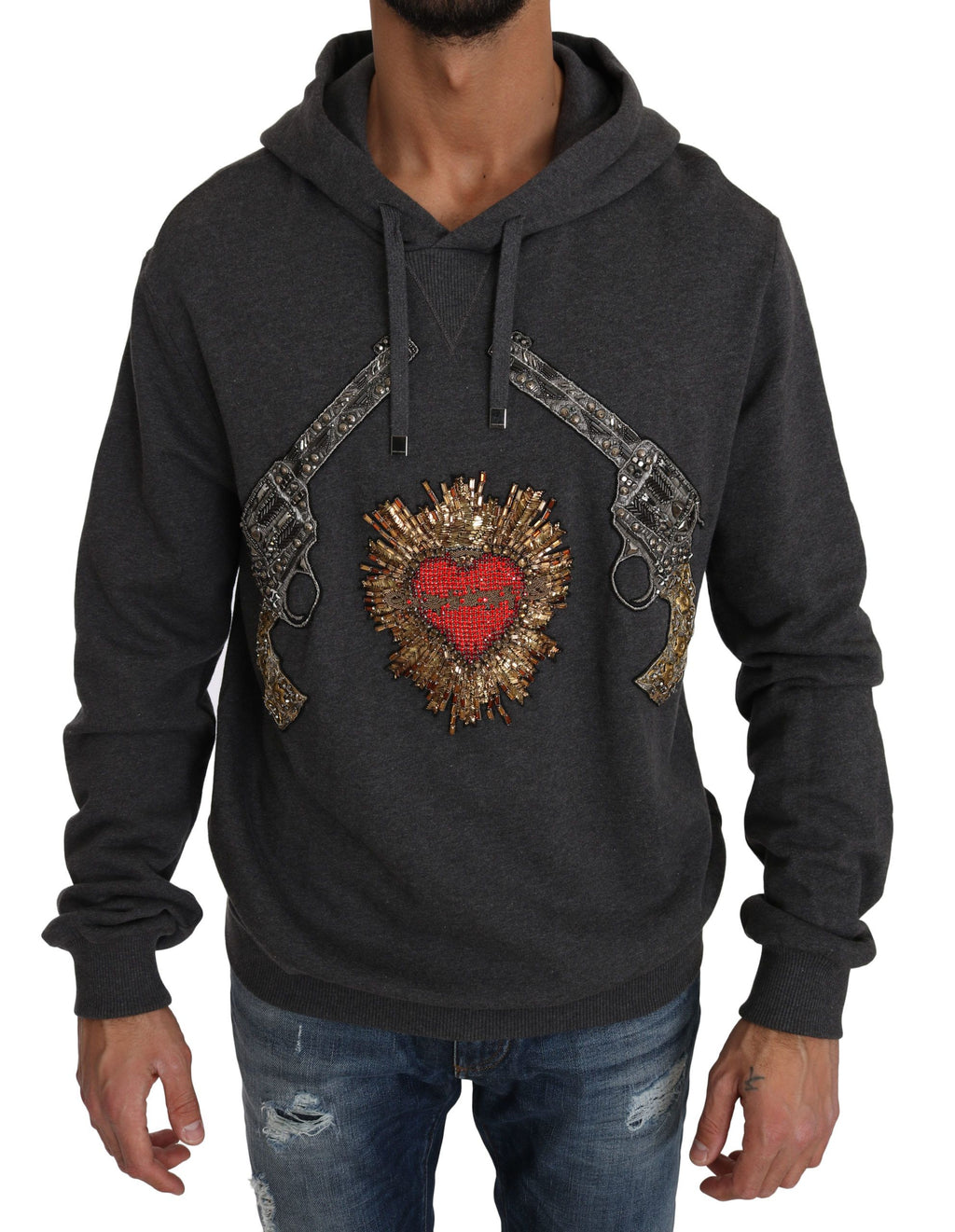 Dolce & Gabbana Maglione Grigio con Cappuccio, Cuore di Cristallo Rosso e Pistola