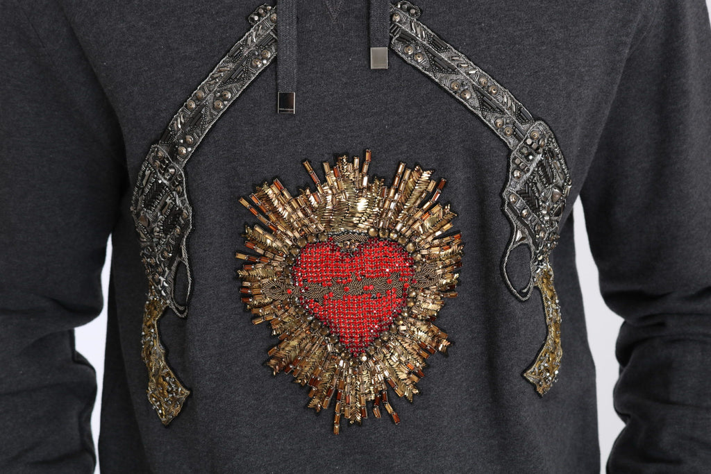 Dolce & Gabbana Maglione Grigio con Cappuccio, Cuore di Cristallo Rosso e Pistola