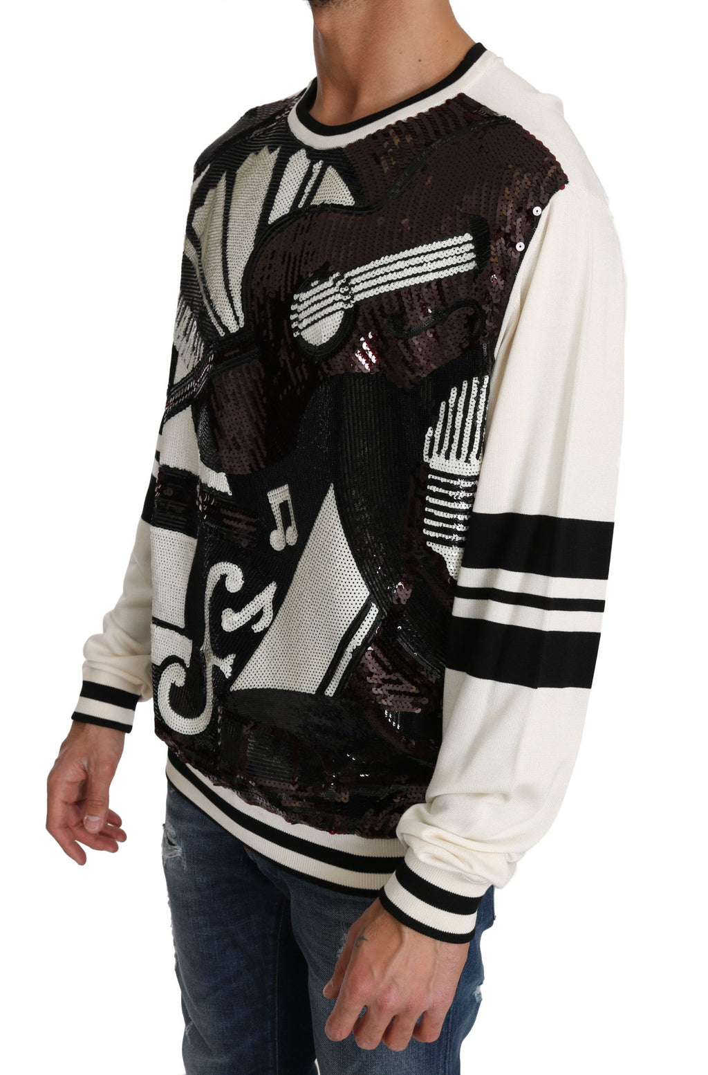Maglione Dolce & Gabbana Bianco Jazz Con Paillettes A Forma Di Chitarra