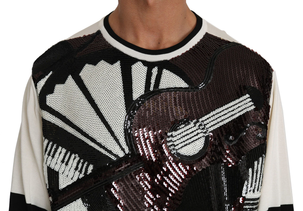 Maglione Dolce & Gabbana Bianco Jazz Con Paillettes A Forma Di Chitarra