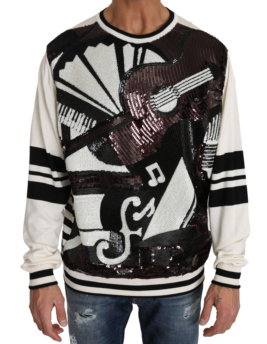 Maglione Dolce & Gabbana Bianco Jazz Con Paillettes A Forma Di Chitarra