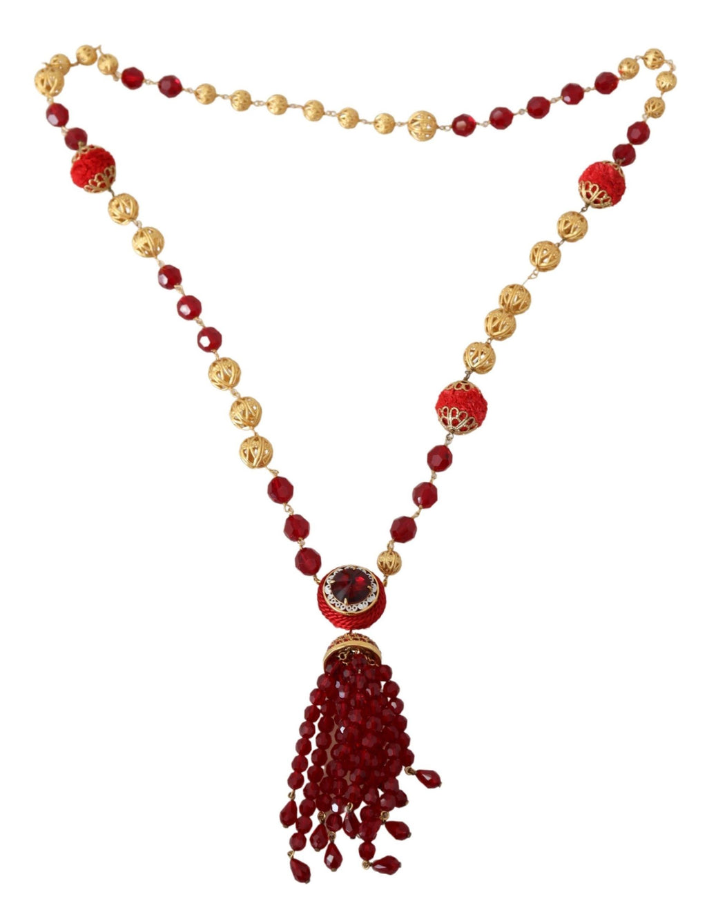 Dolce & Gabbana Collana in Ottone Tonalità Oro con Ciondolo in Cristalli Rossi e Catena Opera