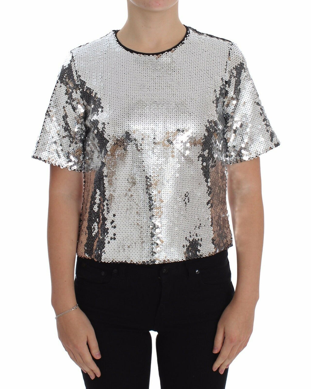 Dolce & Gabbana Blusa Maglietta Top Girocollo in Paillettes Argento