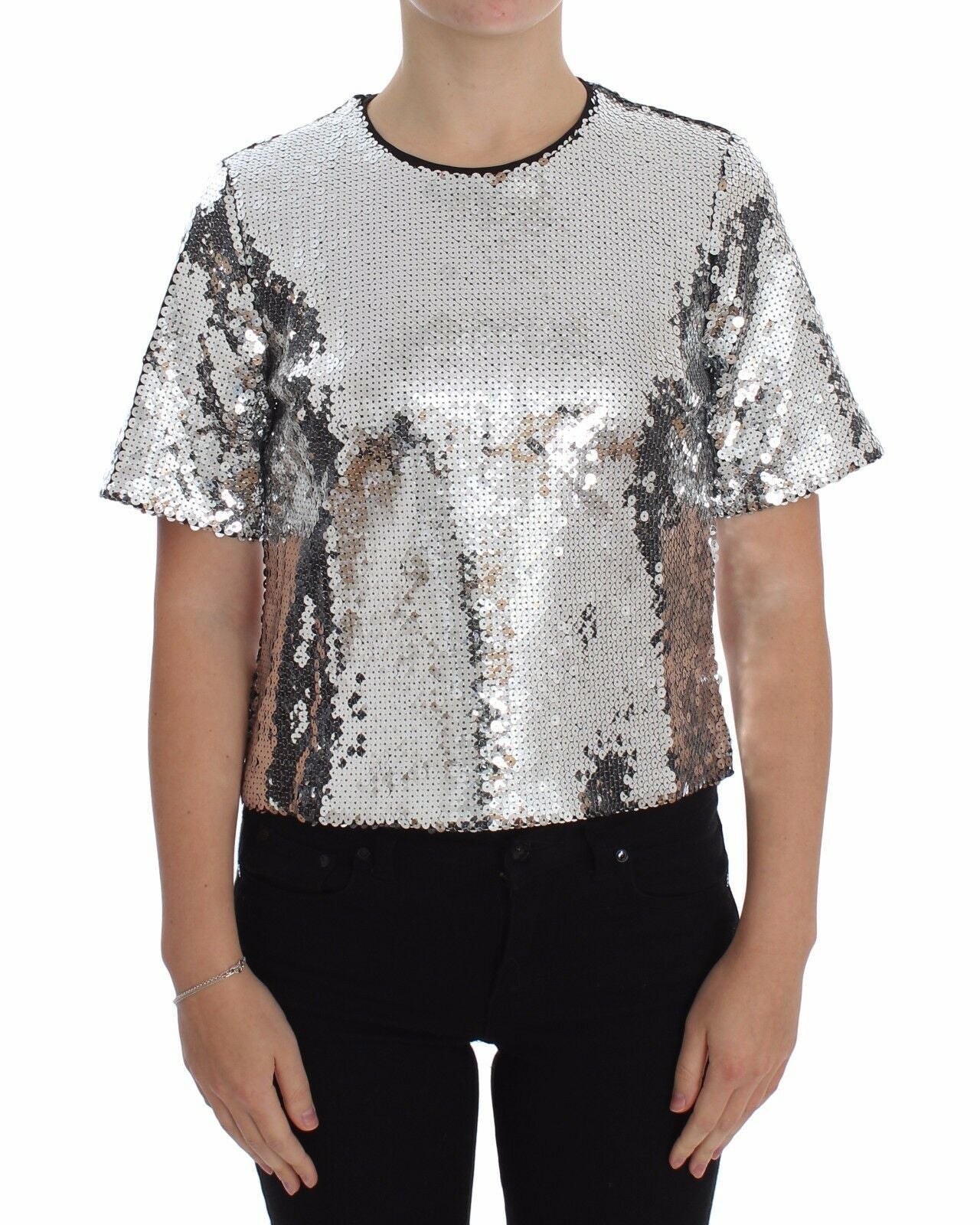 Dolce & Gabbana Blusa Maglietta Top Girocollo in Paillettes Argento