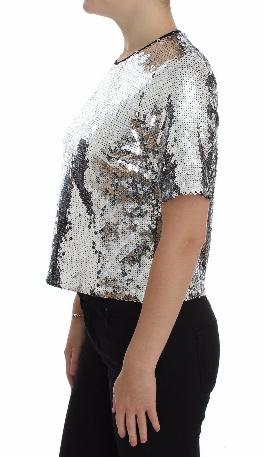 Dolce & Gabbana Blusa Maglietta Top Girocollo in Paillettes Argento