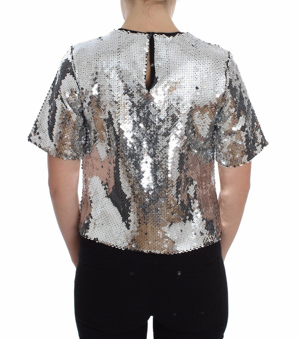 Dolce & Gabbana Blusa Maglietta Top Girocollo in Paillettes Argento