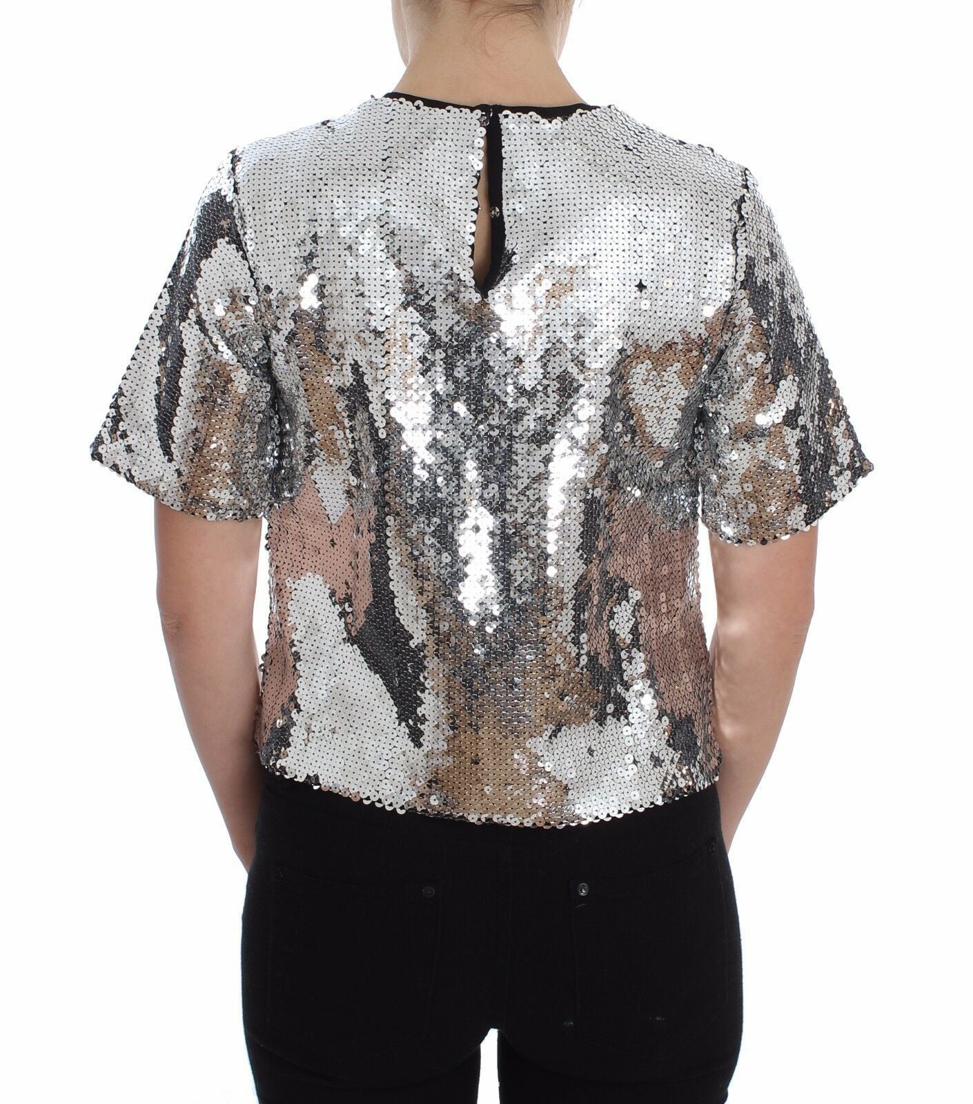 Dolce & Gabbana Blusa Maglietta Top Girocollo in Paillettes Argento