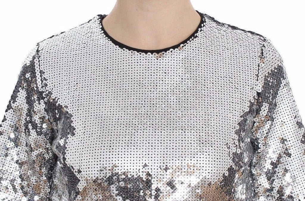 Dolce & Gabbana Blusa Maglietta Top Girocollo in Paillettes Argento