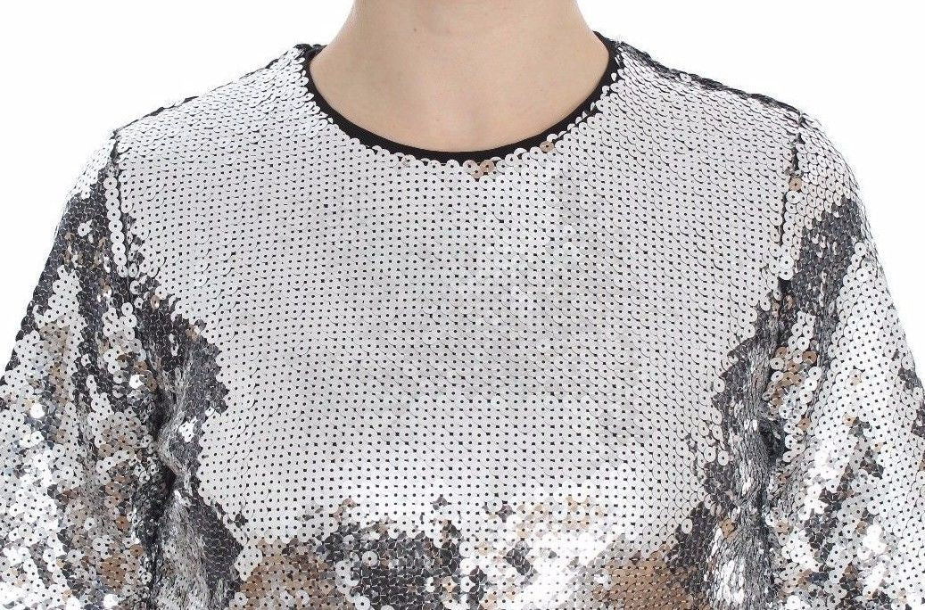 Dolce & Gabbana Blusa Maglietta Top Girocollo in Paillettes Argento