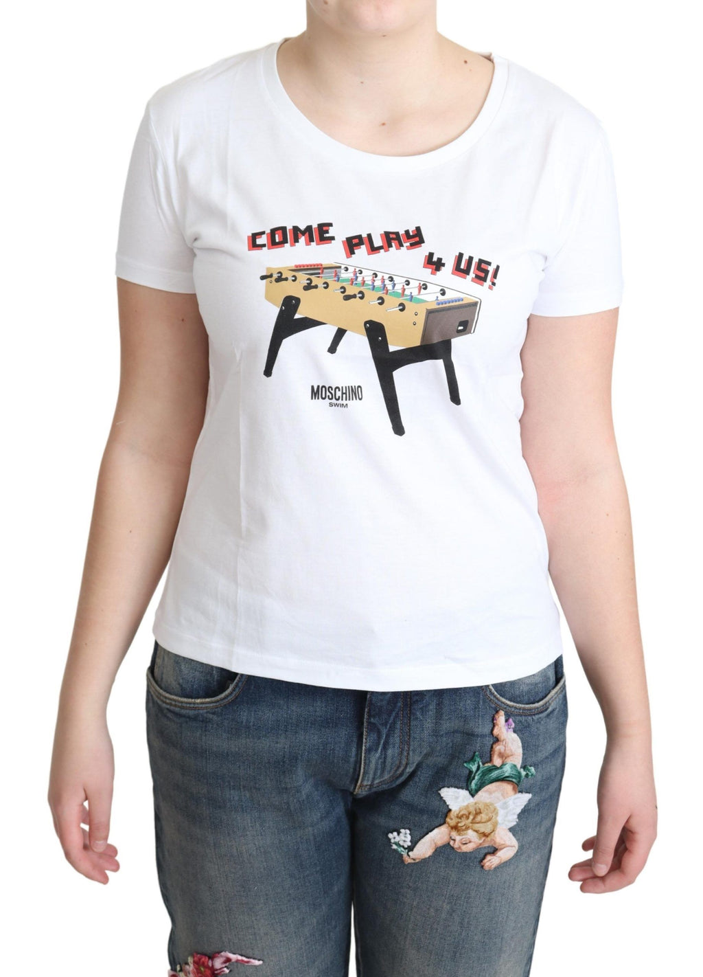 Moschino T-shirt in cotone bianco con stampa "Come Play 4 Us"