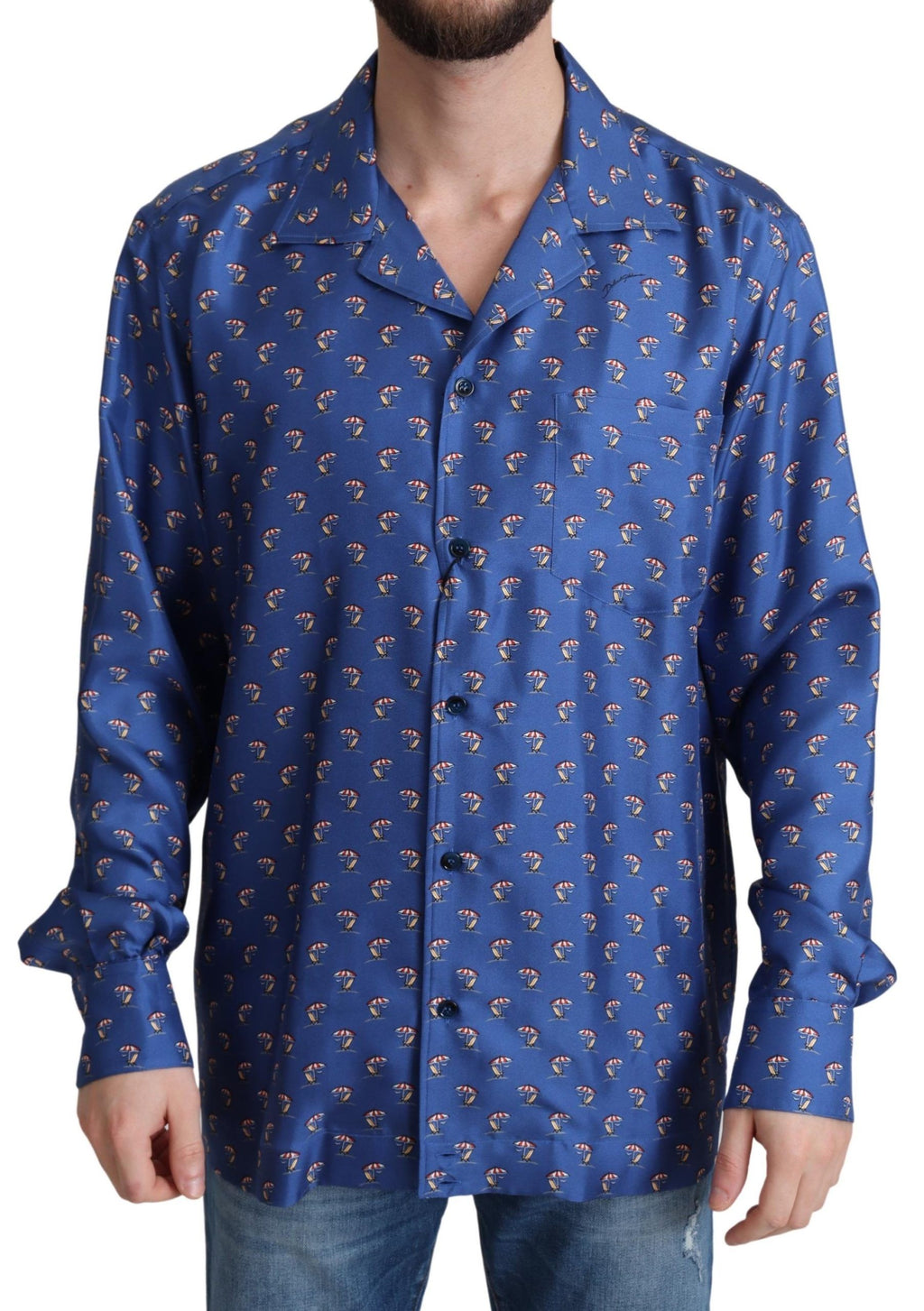 Camicia in seta Dolce & Gabbana con stampa ombrellone e sdraio blu