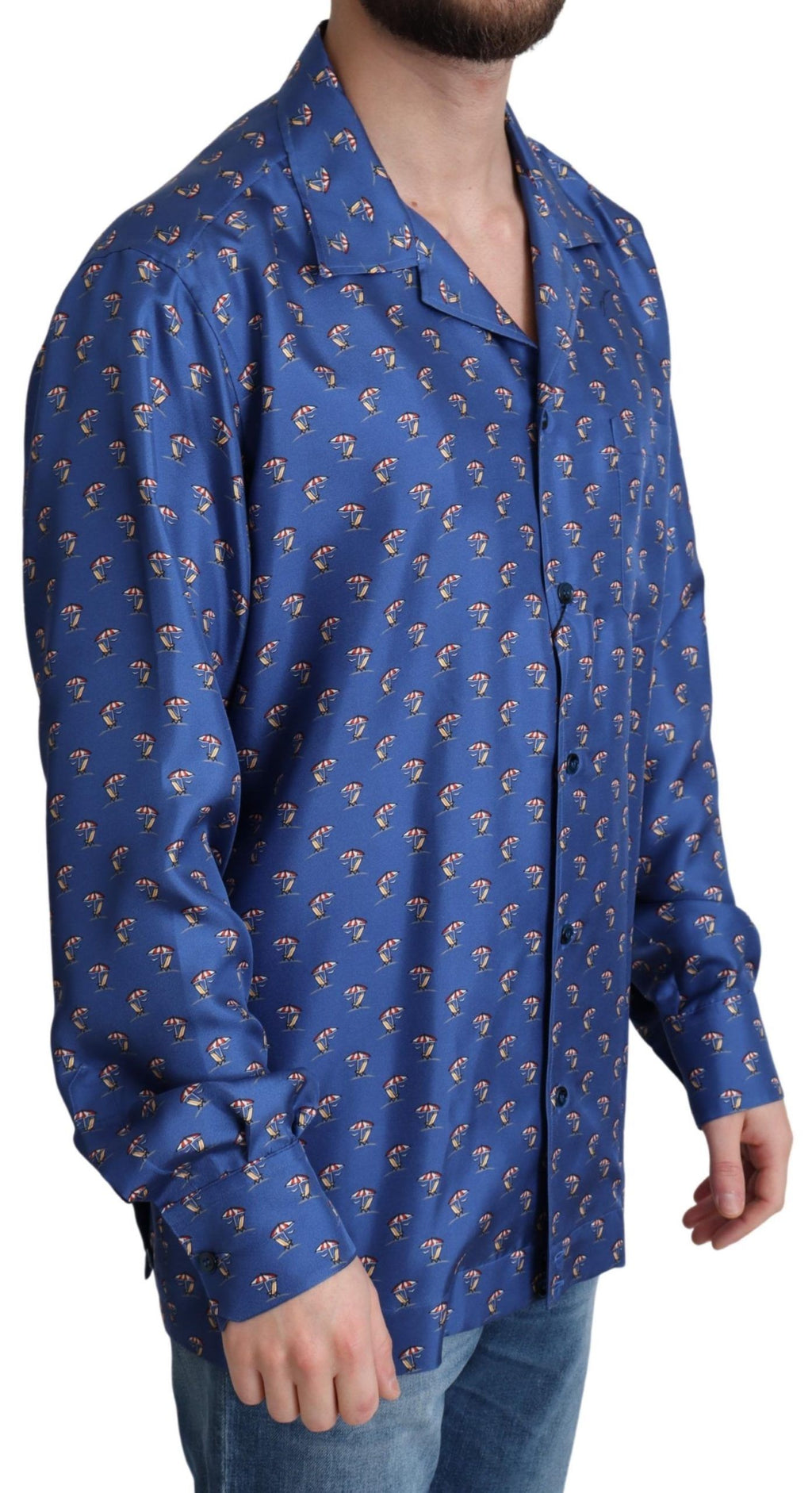 Camicia in seta Dolce & Gabbana con stampa ombrellone e sdraio blu
