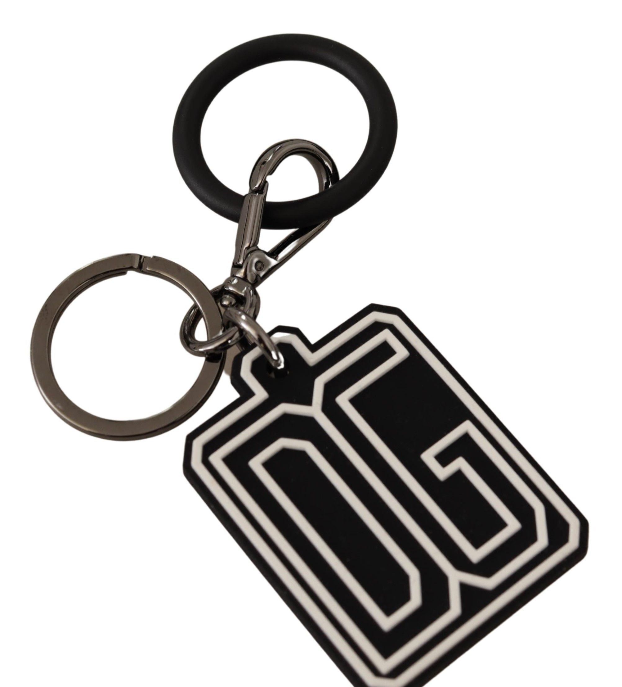 Dolce & Gabbana Portachiavi ad anello in argento con logo DG in gomma bianco nero