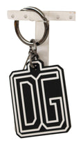 Dolce & Gabbana Portachiavi ad anello in argento con logo DG in gomma bianco nero