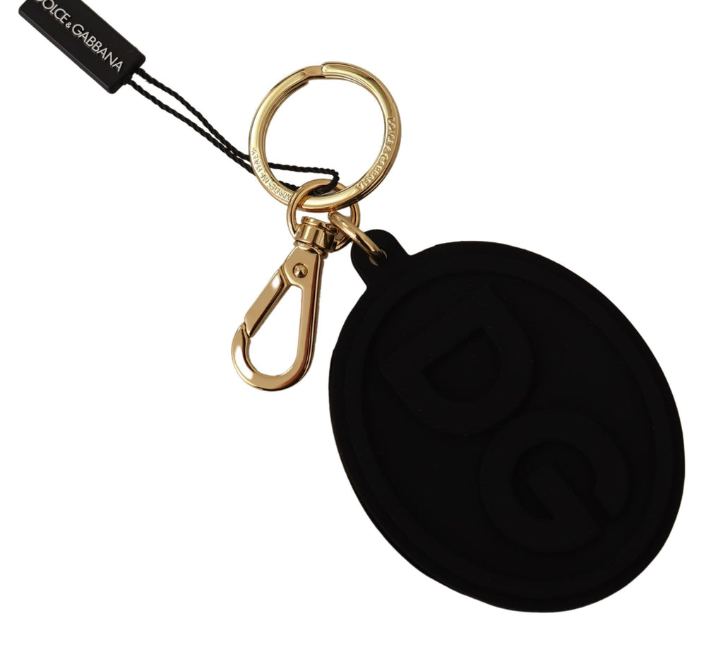 Portachiavi Dolce & Gabbana in gomma nera con logo DG in metallo ottone dorato