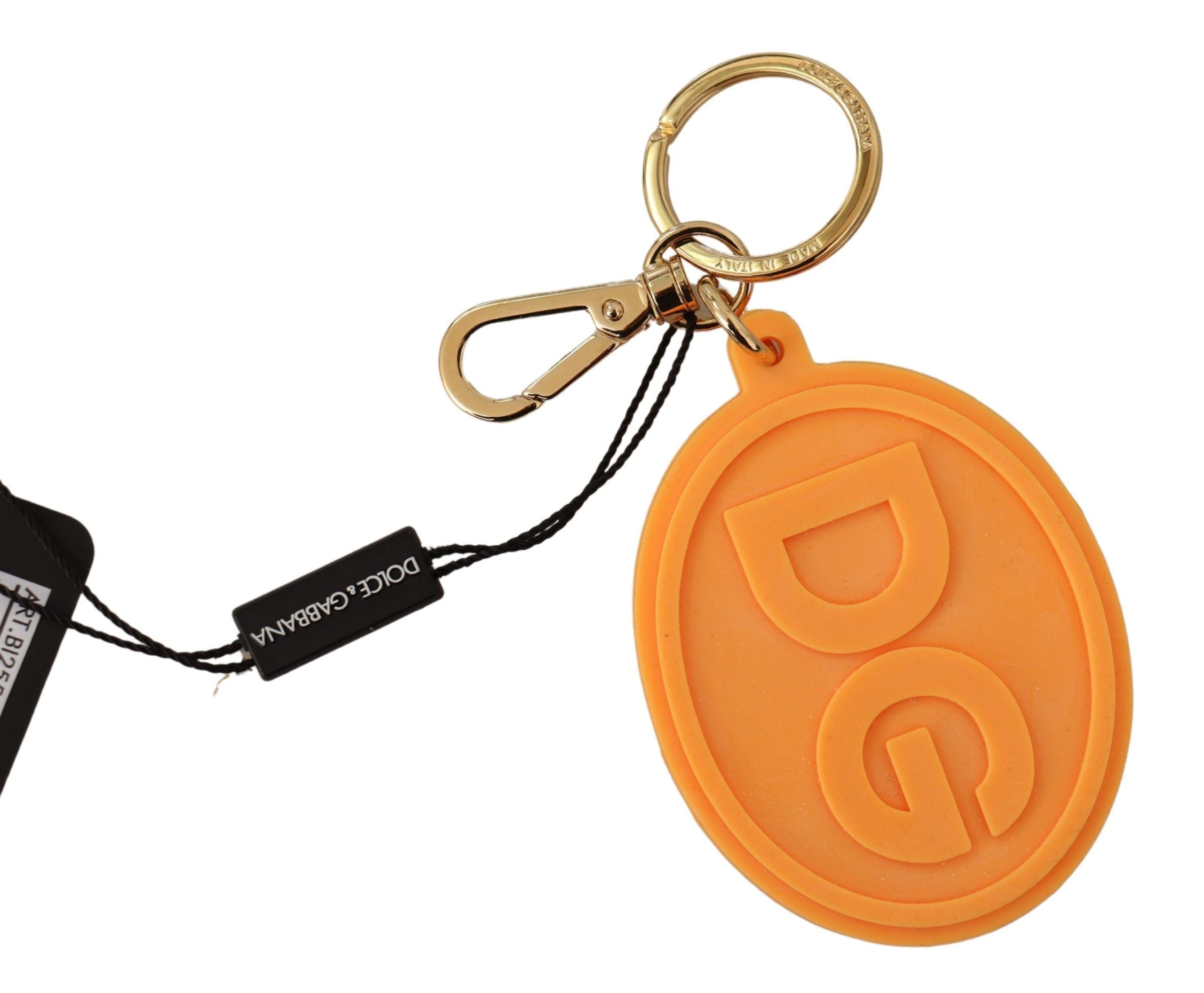 Dolce & Gabbana Portachiavi in metallo ottone dorato con logo DG in gomma arancione