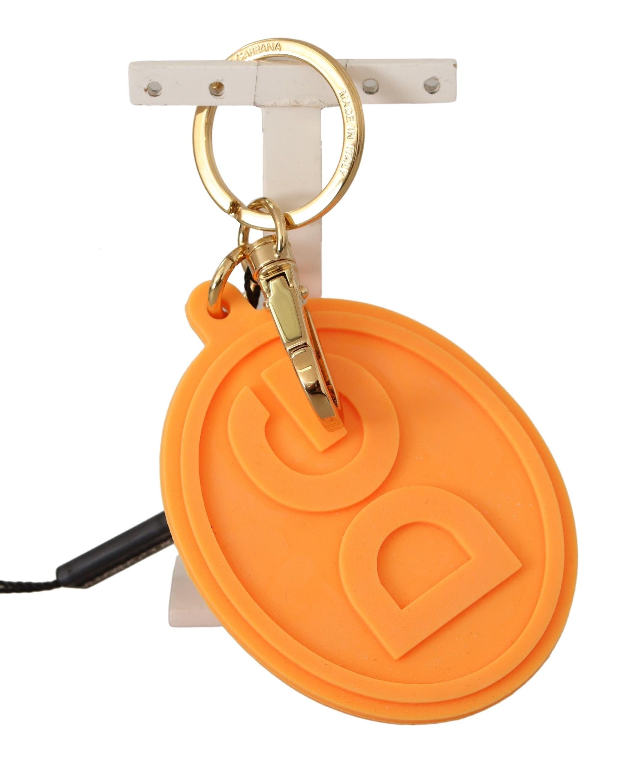 Dolce & Gabbana Portachiavi in metallo ottone dorato con logo DG in gomma arancione