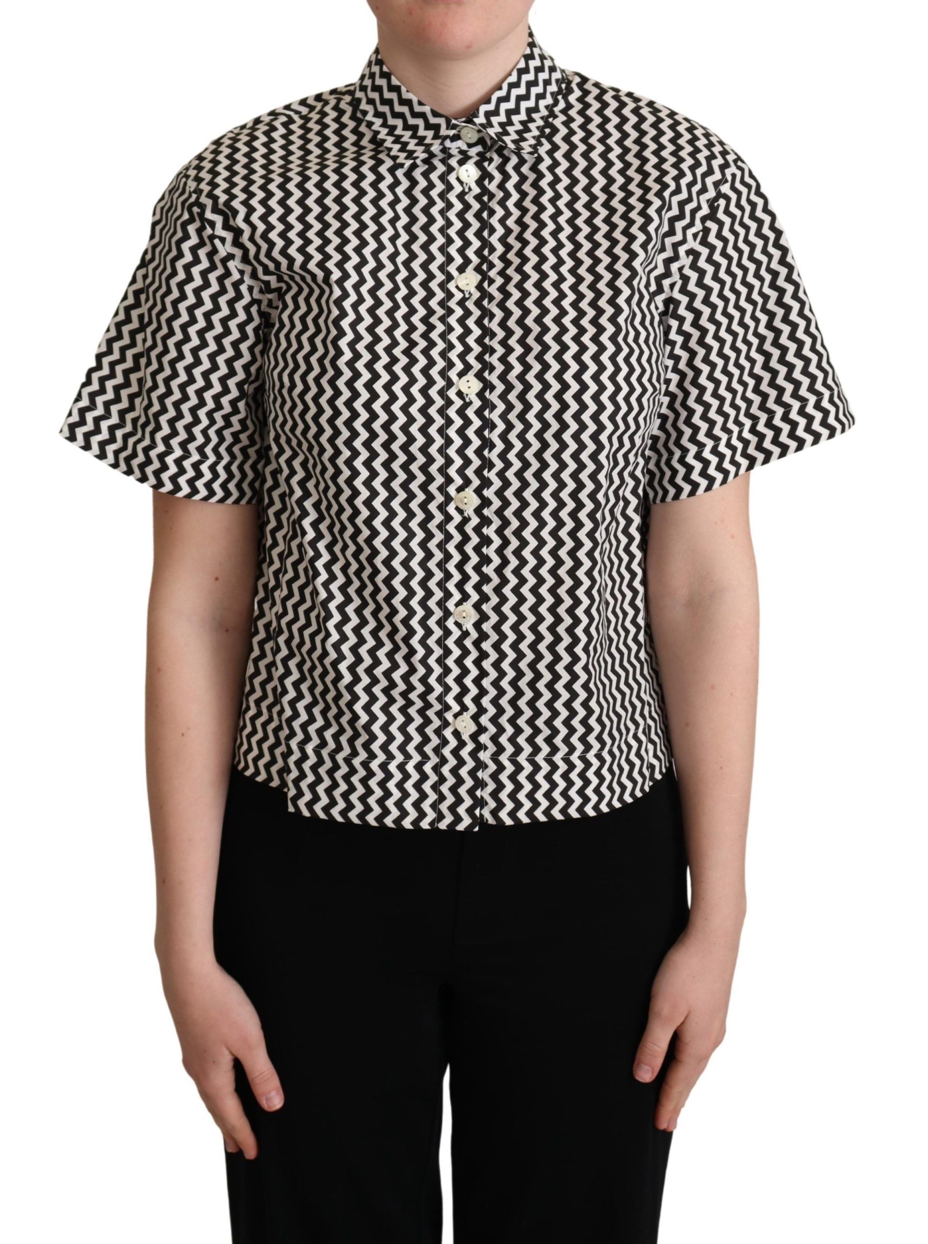 Dolce & Gabbana Top Camicia in Cotone con Colletto Zigzag Bianco e Nero