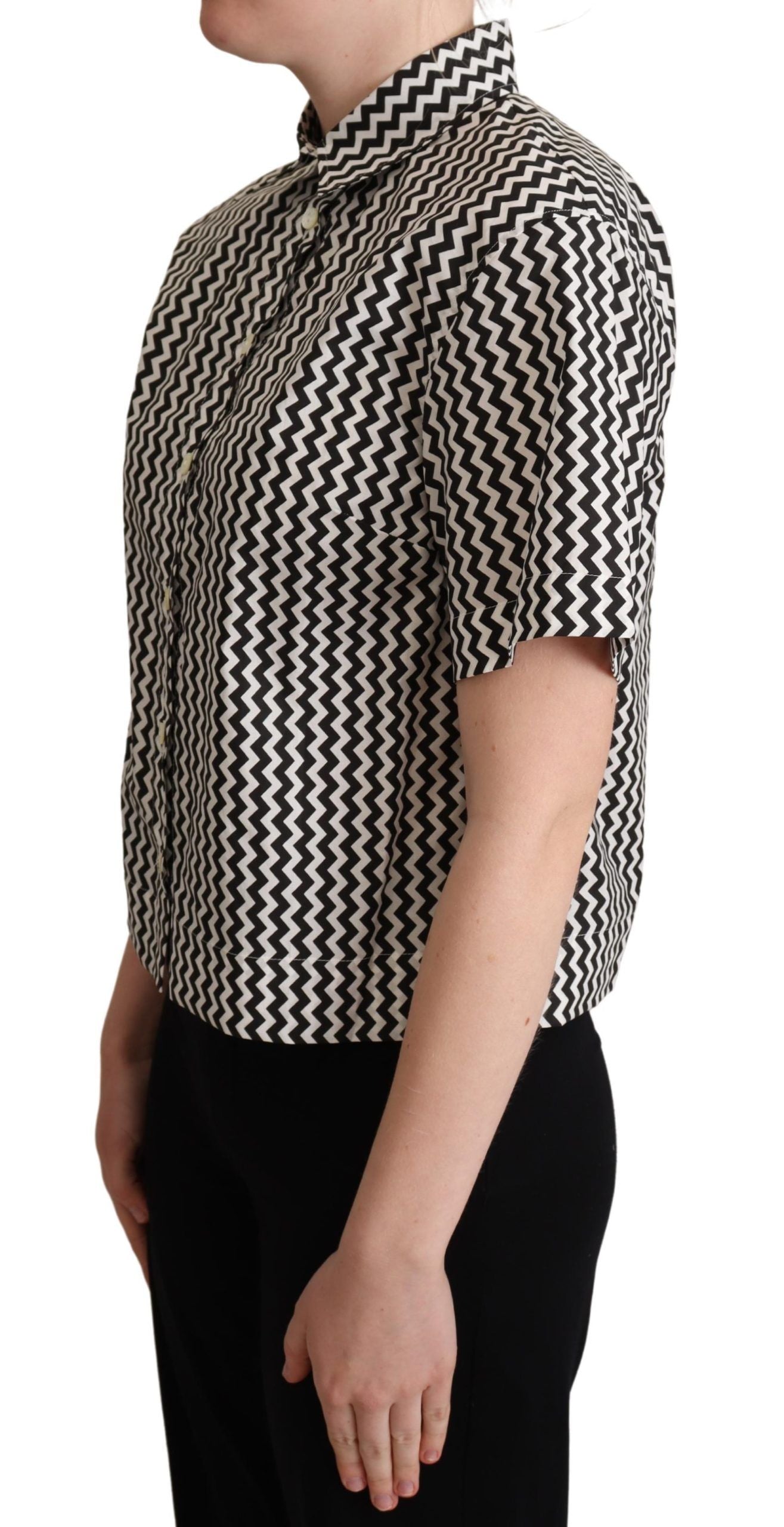 Dolce & Gabbana Top Camicia in Cotone con Colletto Zigzag Bianco e Nero