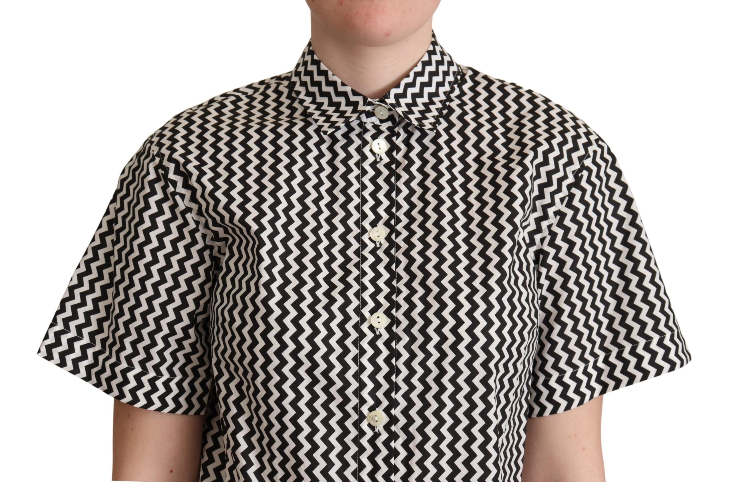 Dolce & Gabbana Top Camicia in Cotone con Colletto Zigzag Bianco e Nero