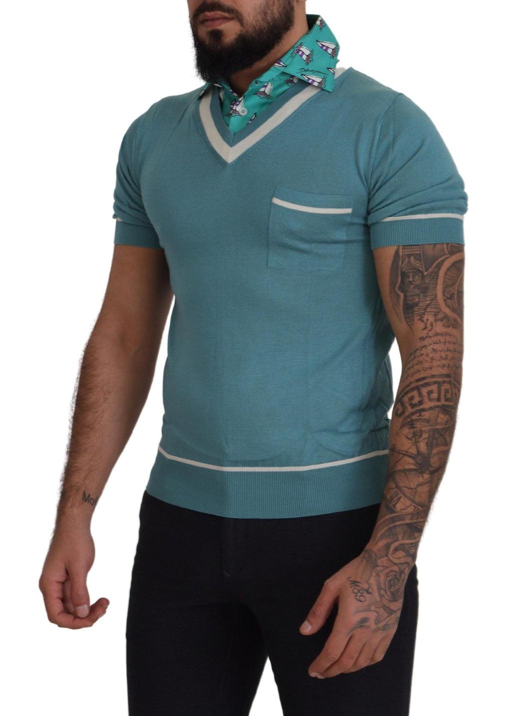 Dolce & Gabbana Polo in seta blu da uomo con scollo a V