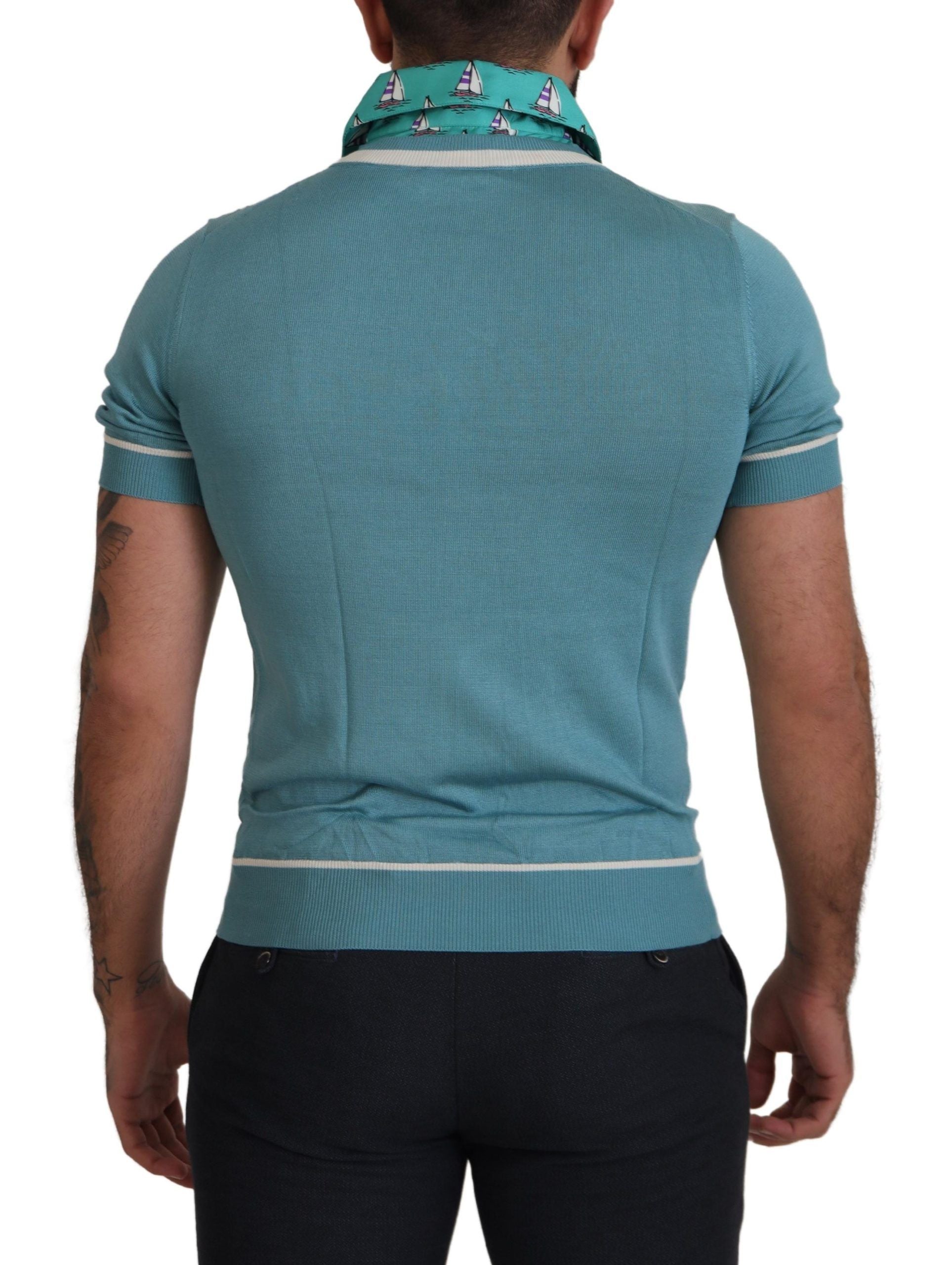 Dolce & Gabbana Polo in seta blu da uomo con scollo a V