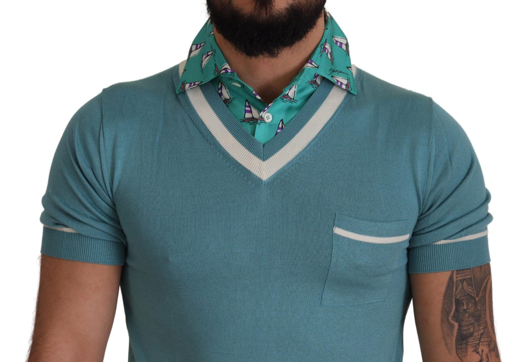 Dolce & Gabbana Polo in seta blu da uomo con scollo a V