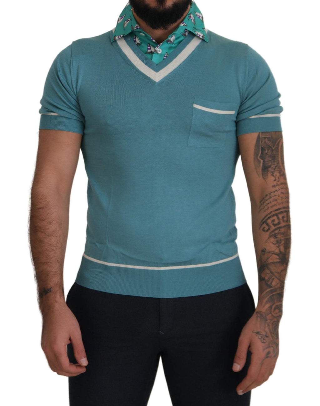Dolce & Gabbana Polo in seta blu da uomo con scollo a V
