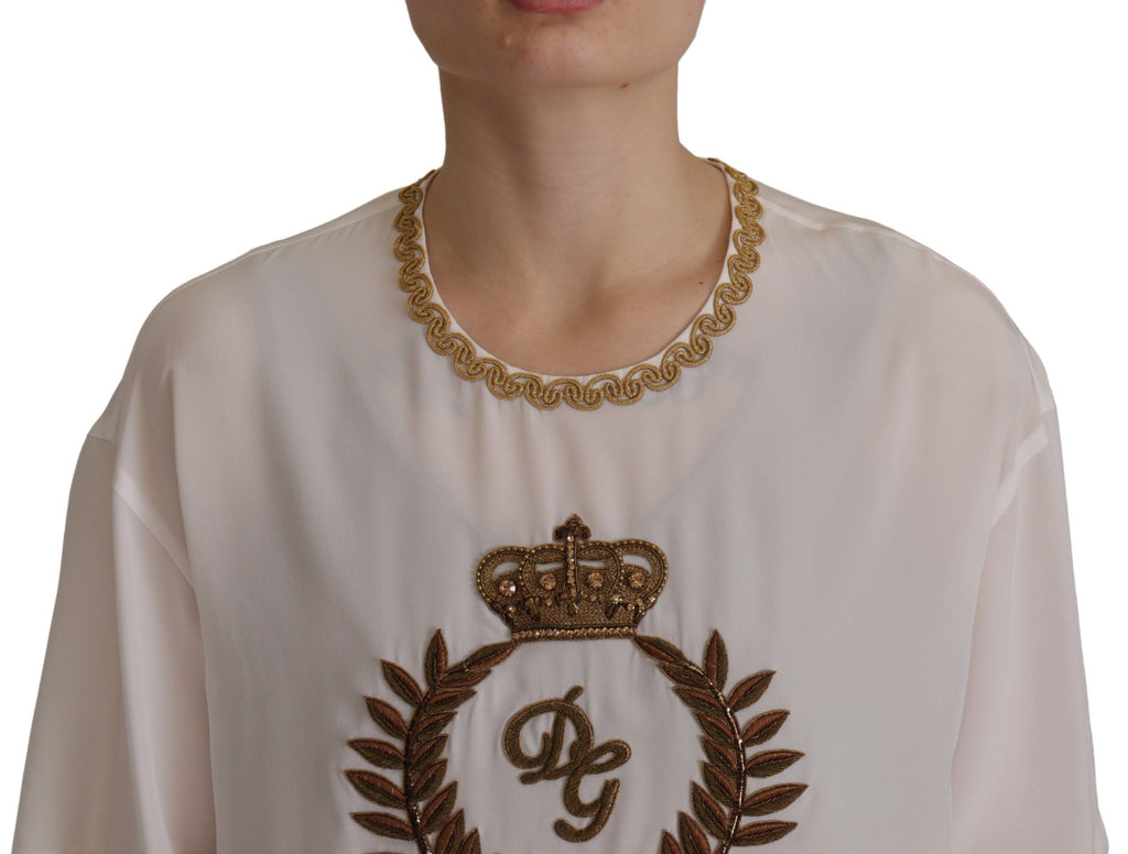 Blusa Top Dolce & Gabbana in Seta Bianca con Corona DG Dorata e Cristalli
